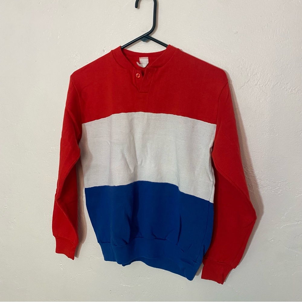 Vintage 80’s Tricolor Crew Neck Sweatshirt Red White Blue Kids Unisex